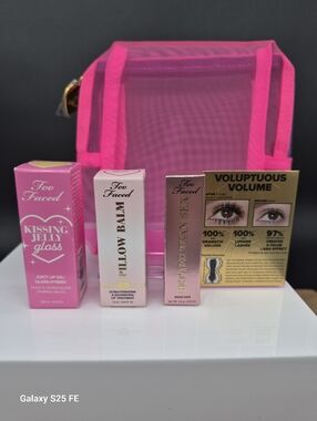 4-Piece Too Faced Variety Bundle: Mascara, Balm, Oil/Gloss & Makeup Bag, New